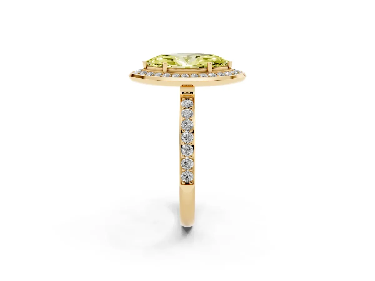 Fancy Yellow Marquise Cut Diamond Halo Ring with Bezel Frame and Pavé Band Yellow gold