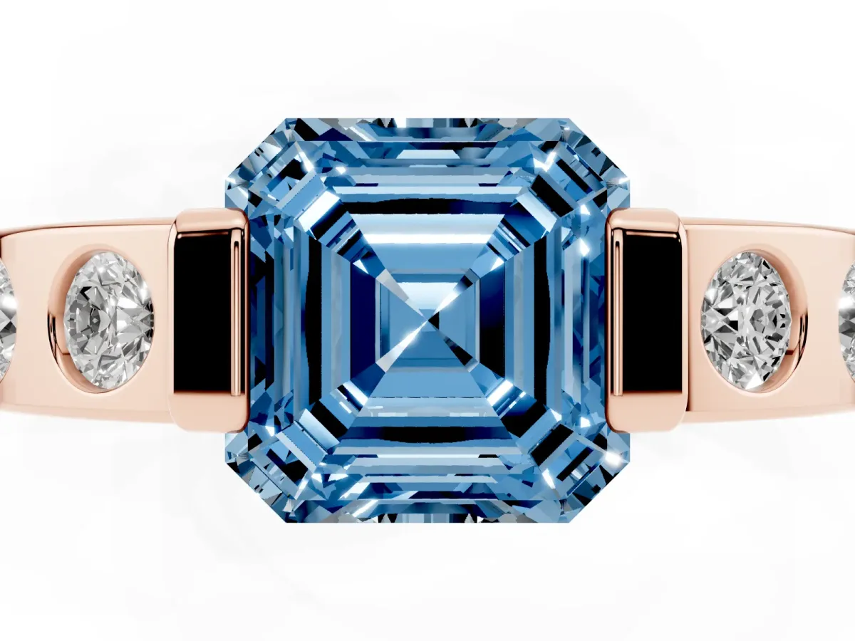 Fancy Blue Asscher Cut Brilliant Channel-Set Diamond Ring with Bezel Prong Setting Rose gold