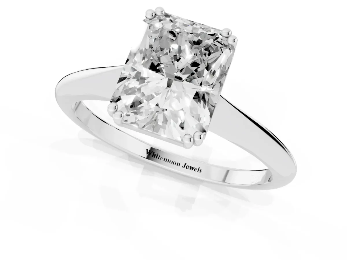 Radiant Cut Solitaire Diamond Ring with Six-Prong Setting and Classic Band Silver