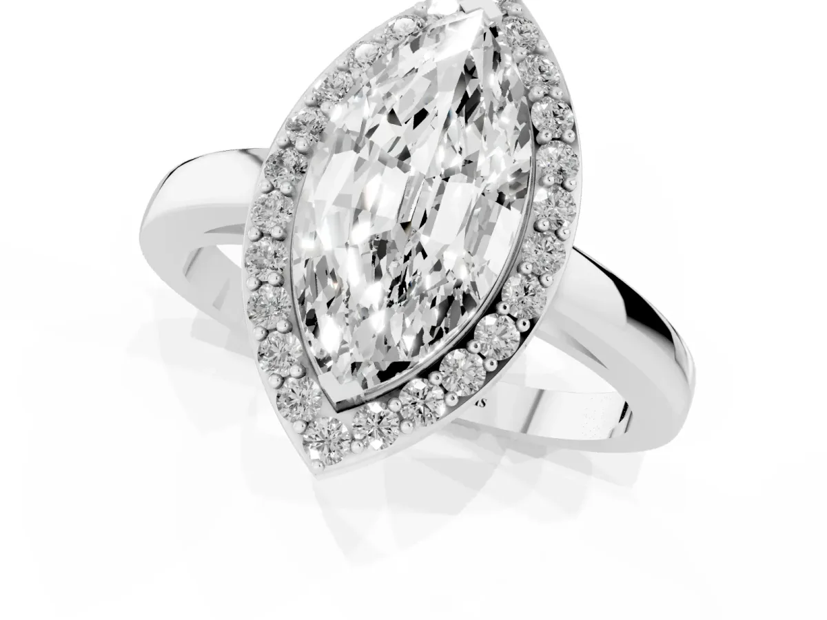 Marquise Cut Halo Diamond Ring with Solitaire Band and Prong Setting Silver