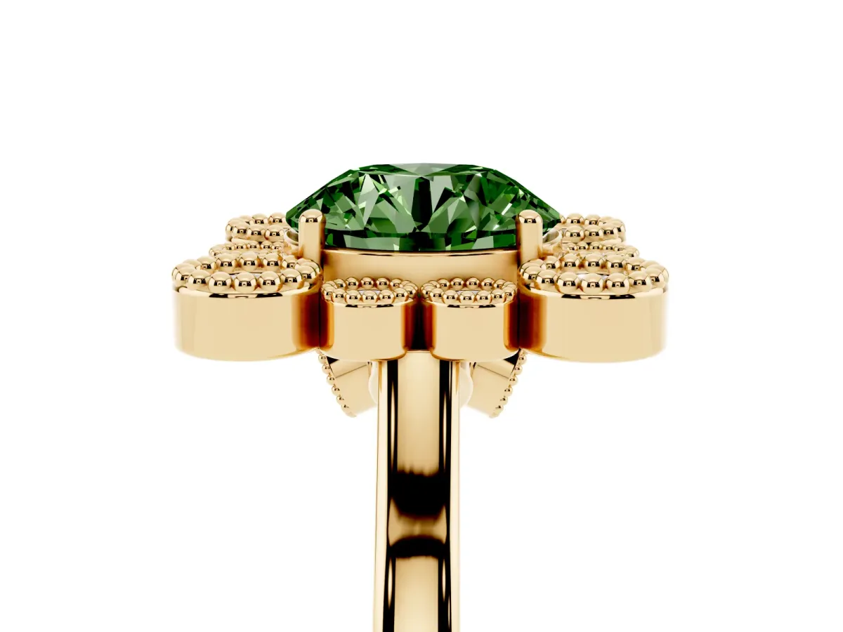 Fancy Green Round Cut Halo Diamond Cluster Engagement Ring with Milgrain Bezel Setting and Solitaire Band Yellow gold