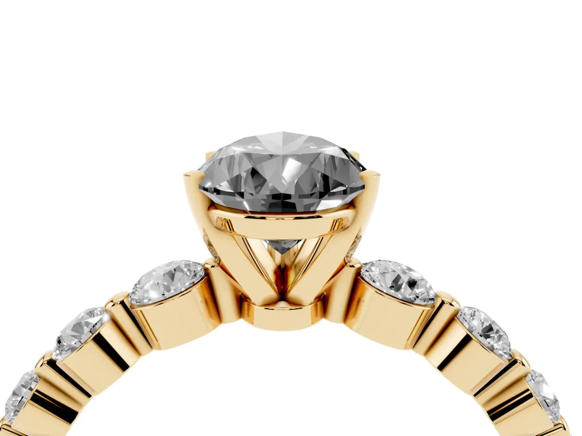 Fancy Black Pear Cut Solitaire Diamond Ring with Pave Band and Four-Prong Setting Yellow gold