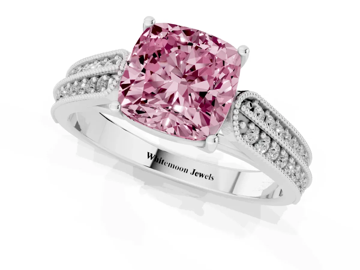 Fancy Pink Cushion Cut Cut Pave Split Shank Engagement Ring with Four-Prong Setting White gold