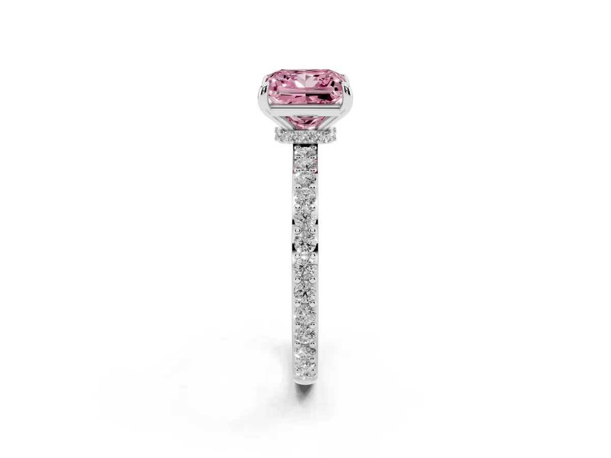 Fancy Pink Princess Cut Diamond Solitaire Engagement Ring with Pavé Band and Four-Prong Setting Silver