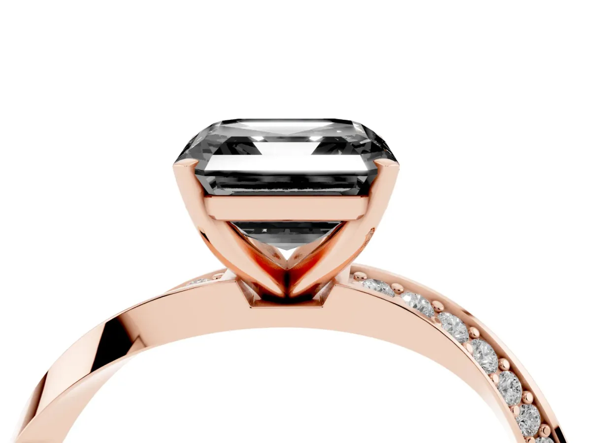 Fancy Black Asscher Cut Diamond Engagement Ring with Side Stone Accents and Four-Prong Setting Rose gold