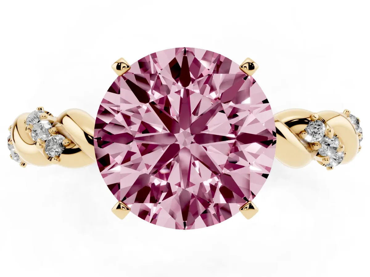 Fancy Pink Round Cut Diamond Solitaire Ring with Twisted Band and Pavé Accents Yellow gold