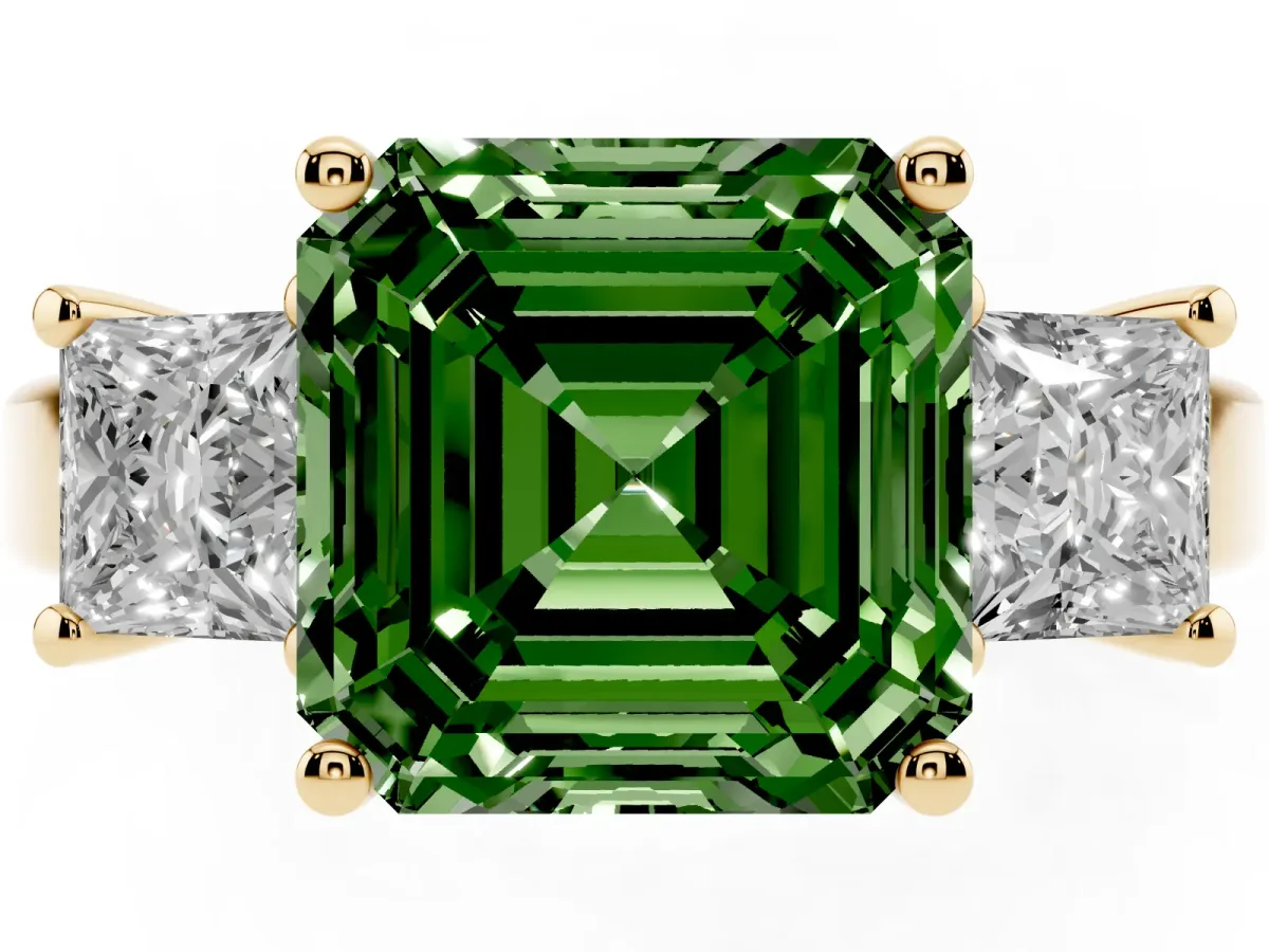 Fancy Green Three-Stone Asscher Cut Cut Solitaire Ring with Prong Setting Yellow gold