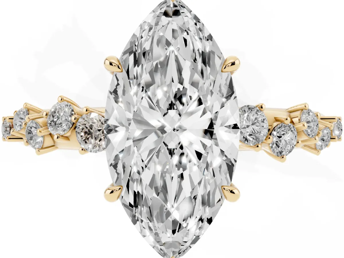 Marquise Cut Diamond Cluster Side Stone Solitaire Ring with Prong Setting Yellow gold