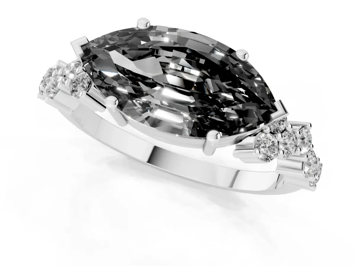 Fancy Black Marquise Cut Diamond Scattered Round Accent Ring with Prong Setting Platinum