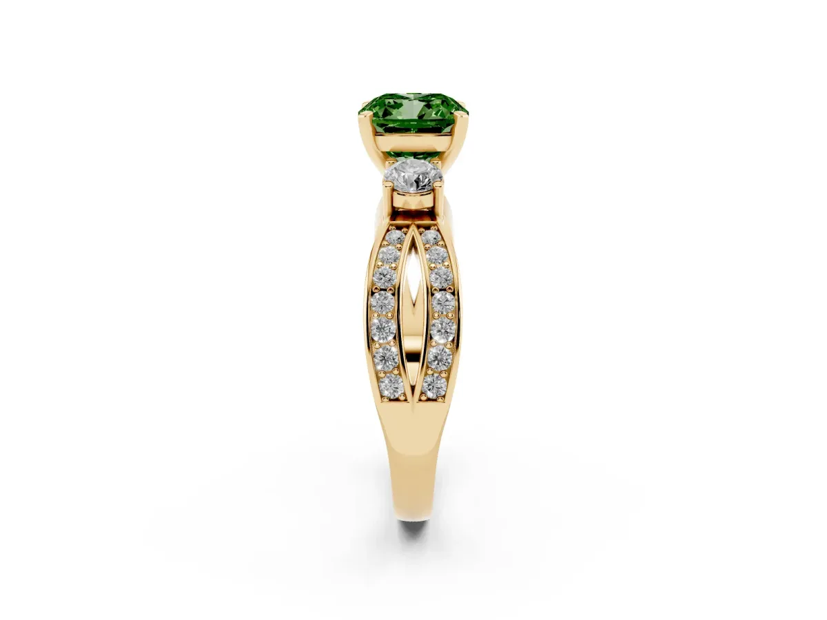 Fancy Green Three-Stone Cushion Cut Cut Diamond Twist Band with Prong Setting Yellow gold