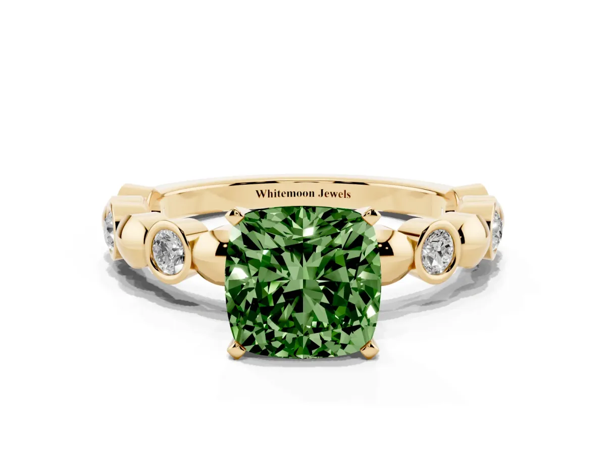 Fancy Green Cushion Cut Solitaire Bezel-Set Diamond Ring with Beaded Band and Four-Prong Setting Yellow gold