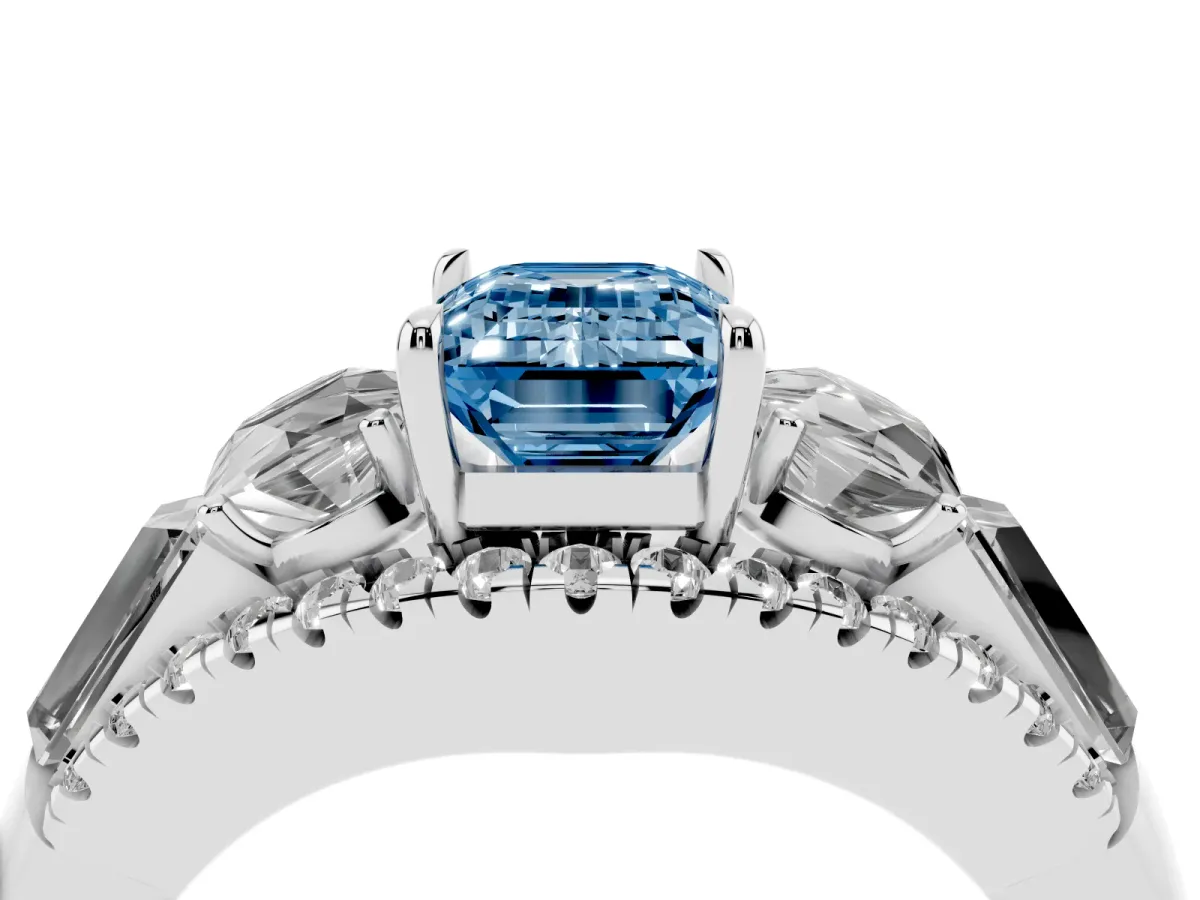 Fancy Blue Three-Stone Emerald Cut Diamond Engagement Ring with Pave Band and Prong Setting Silver