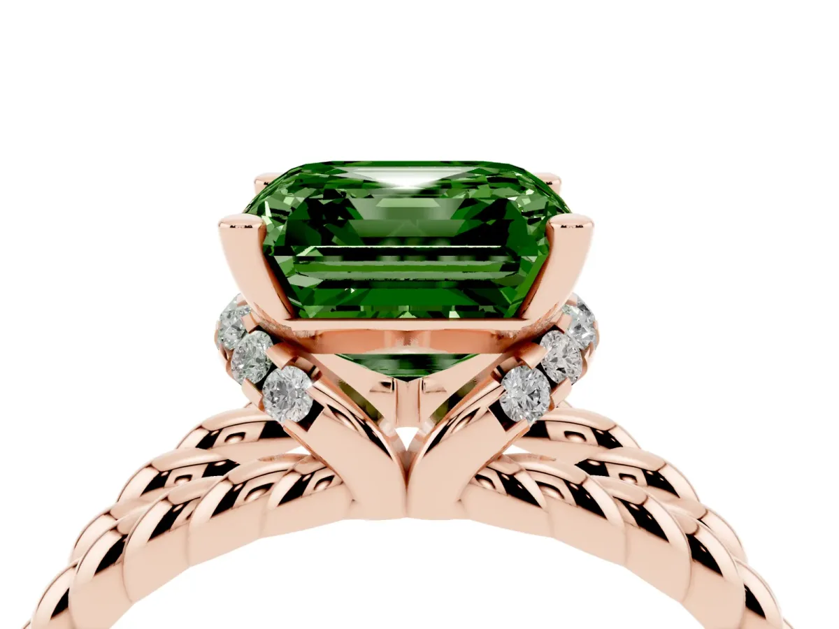 Fancy Green Asscher Cut Halo Twisted Band Four-Prong Ring Rose gold