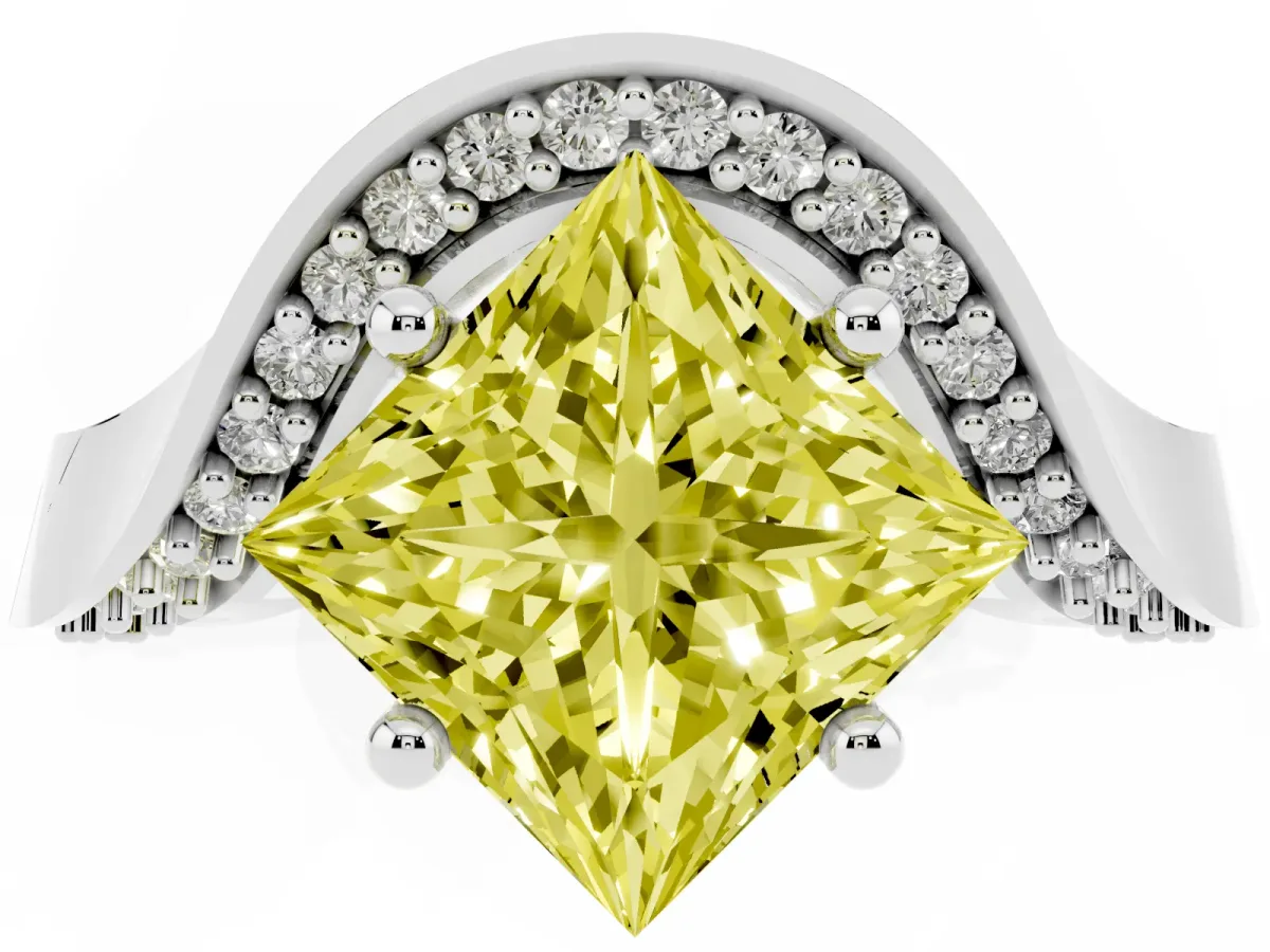 Fancy Yellow Princess Cut Solitaire Diamond Engagement Ring with Pave Band and Four-Prong Setting Silver