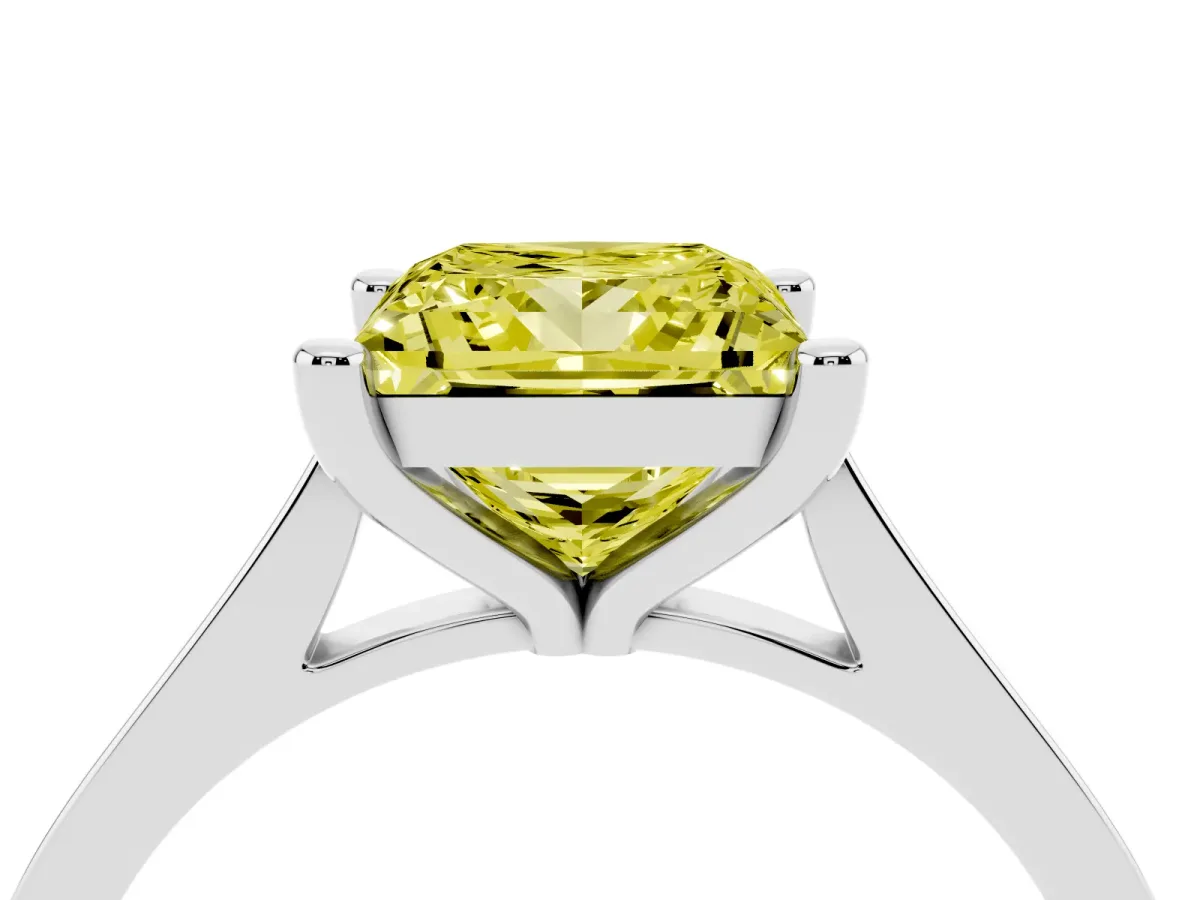 Fancy Yellow Princess Cut Solitaire Diamond Ring with Four-Prong Setting and Tapered Band White gold