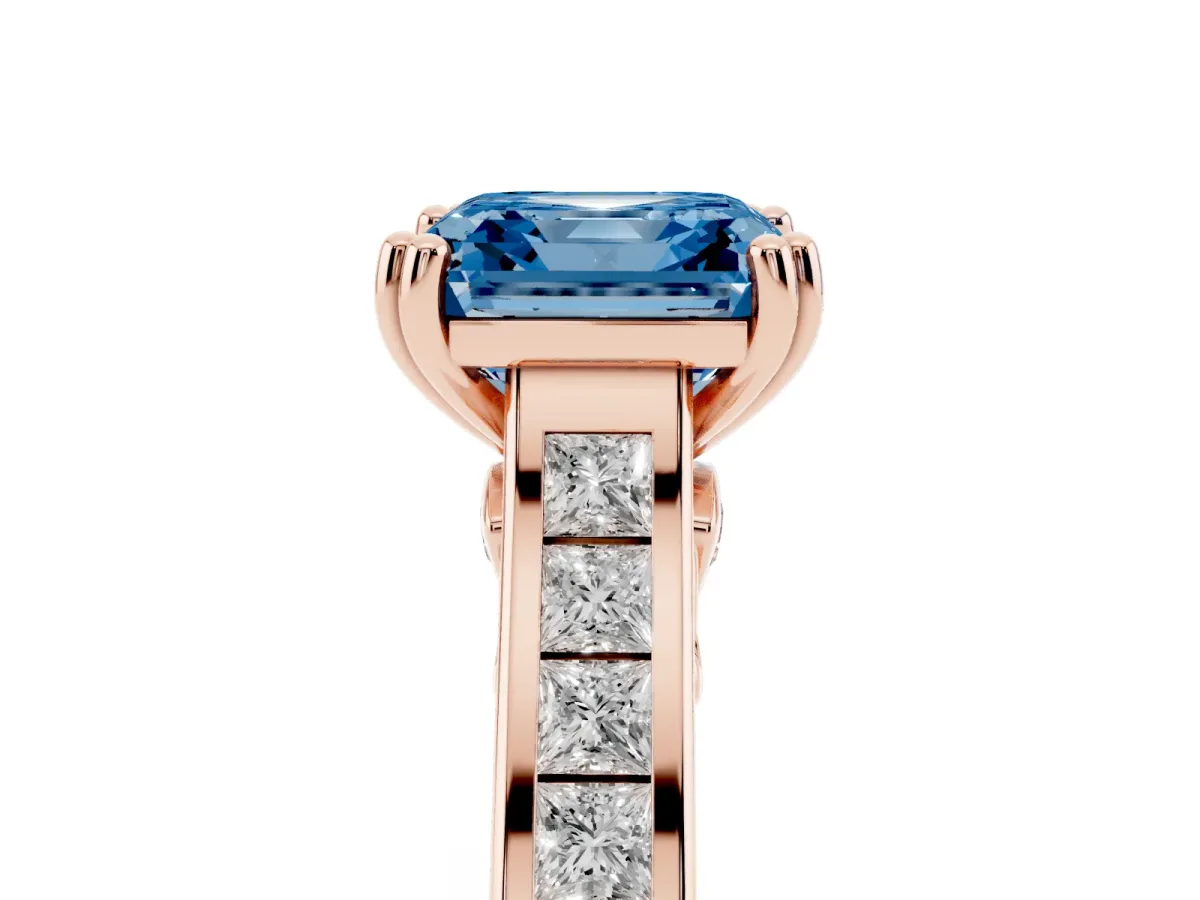 Fancy Blue Asscher Cut Cut Channel Set Solitaire Engagement Ring with Prong Setting Rose gold