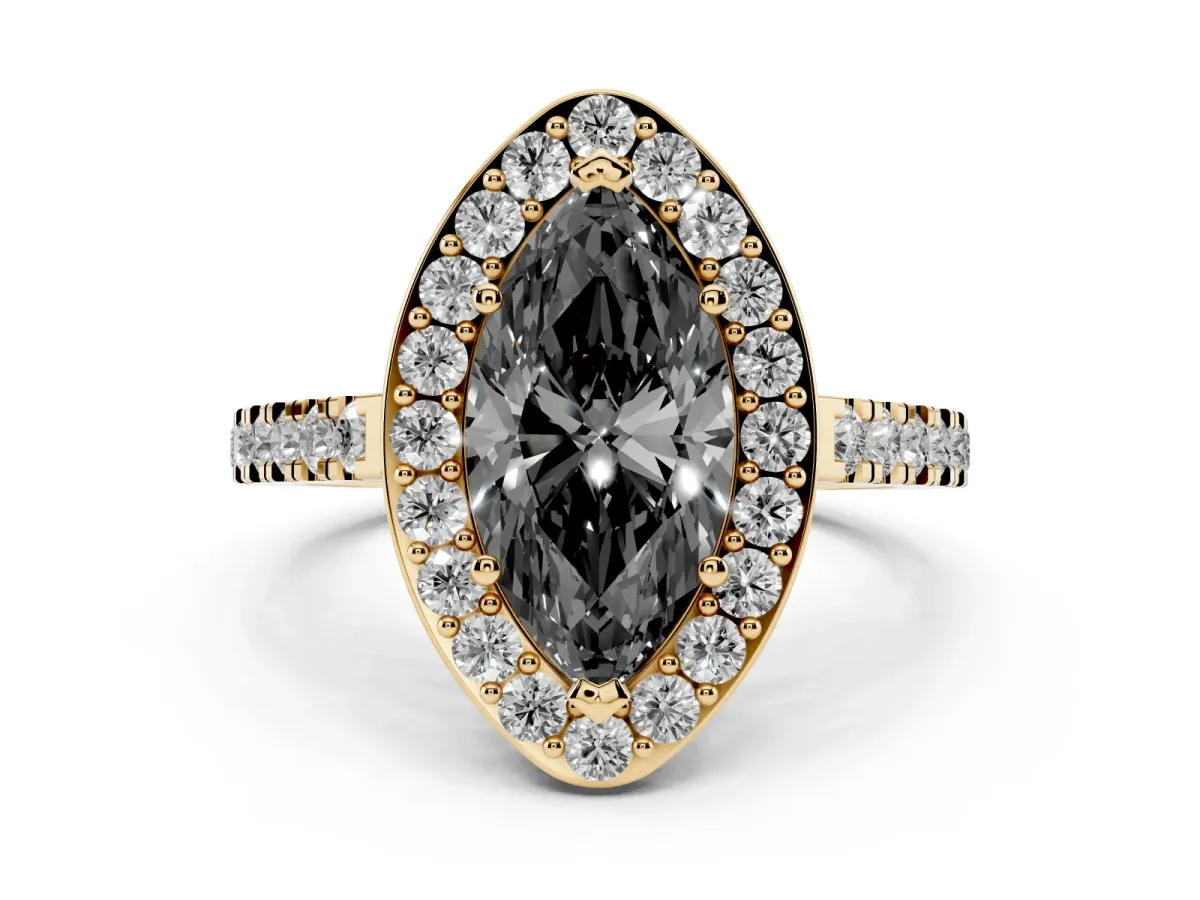 Fancy Black Marquise Cut Diamond Halo Ring with Round Pavé Split Shank and Prong Setting Yellow gold