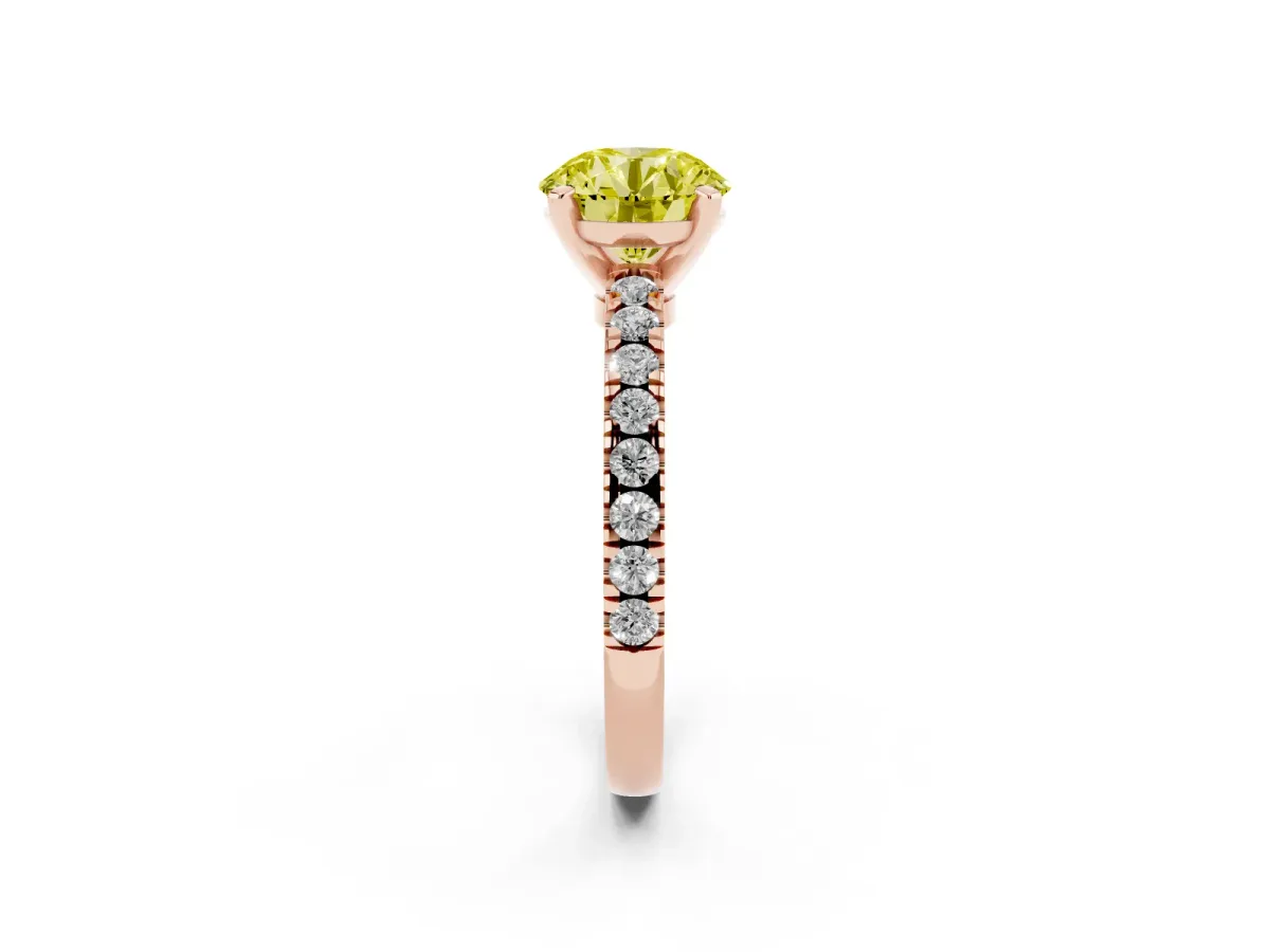 Fancy Yellow Round Cut Solitaire Diamond with Pavé Band and Four-Prong Setting Rose gold