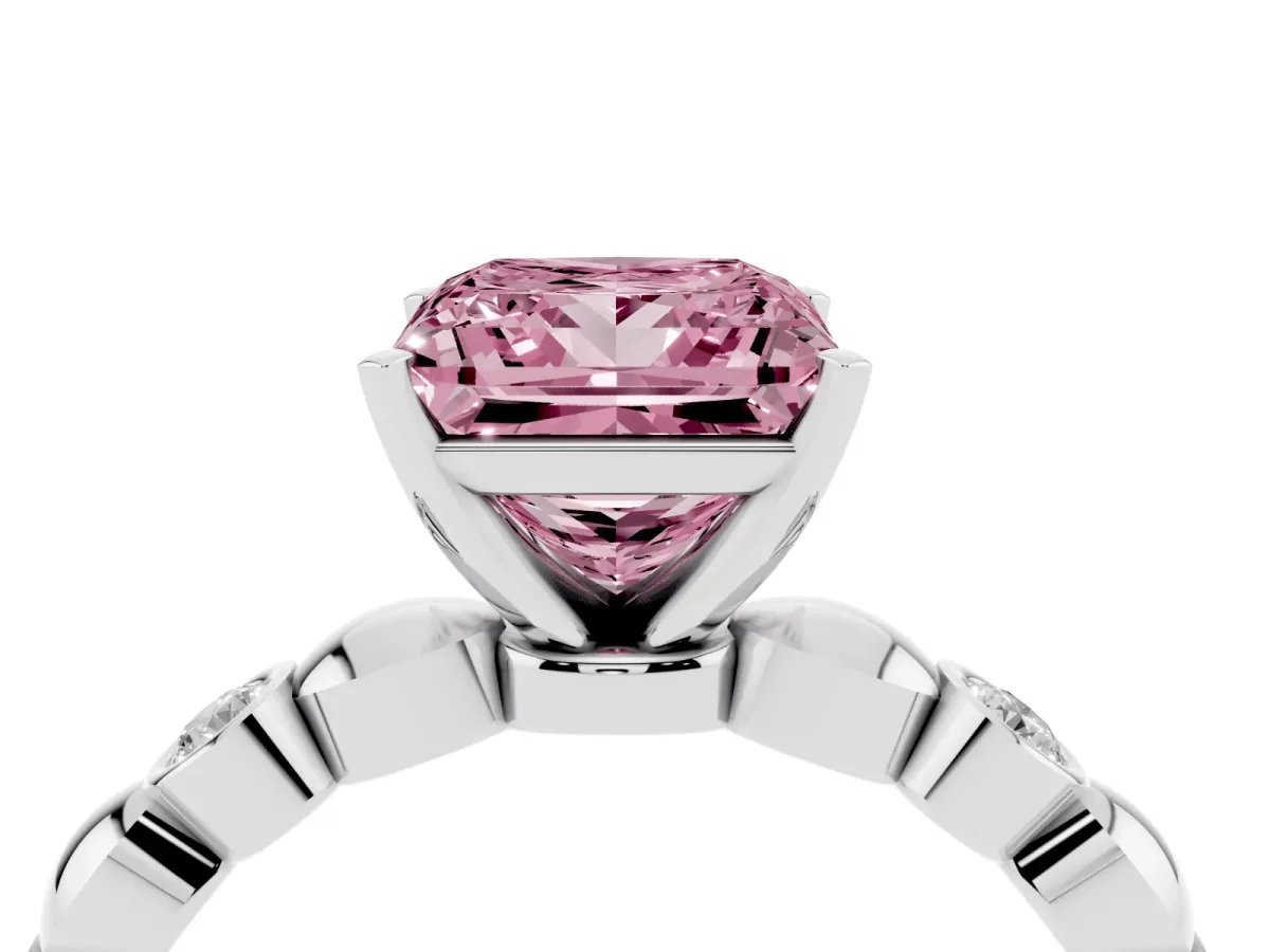 Fancy Pink Princess Cut Solitaire Bezel-Set Diamond Ring with Beaded Band and Four-Prong Setting White gold