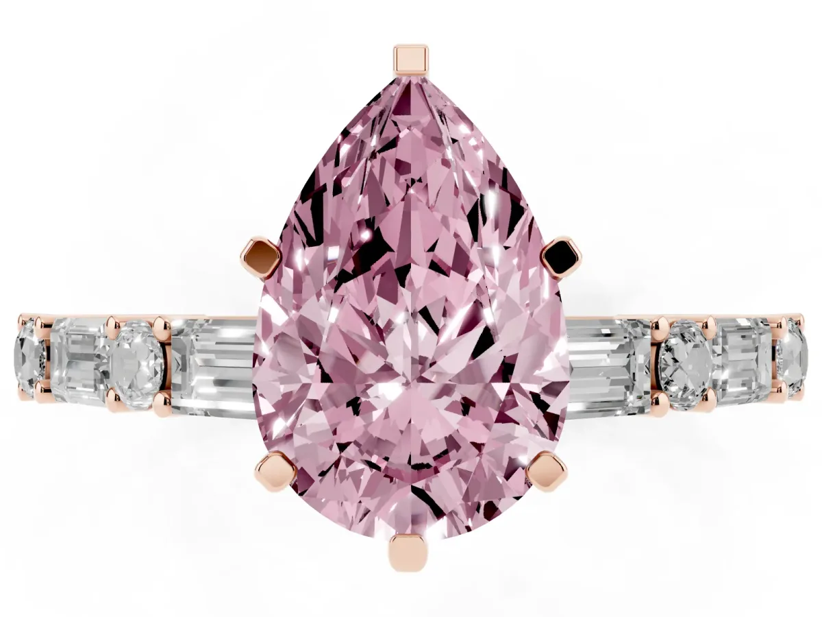 Fancy Pink Pear Cut Diamond Solitaire with Side Baguettes and Channel Set Band Rose gold