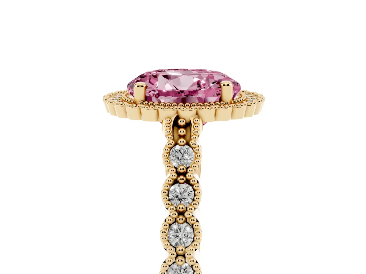 Fancy Pink Round Cut Cut Halo Pavé Solitaire Ring with Milgrain Band Yellow gold