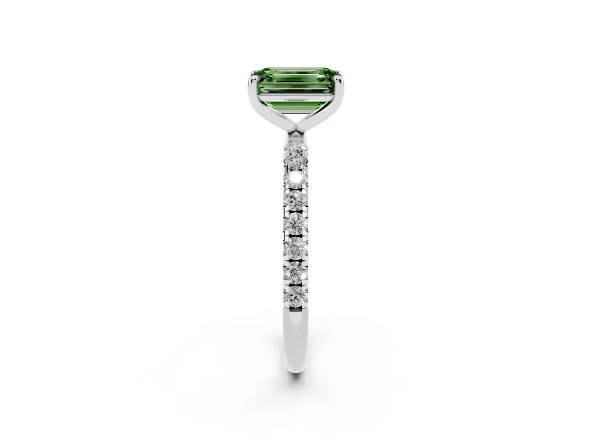 Fancy Green Emerald Cut Cut Diamond Solitaire Ring with Micro Pave Band and Four Prong Setting Silver