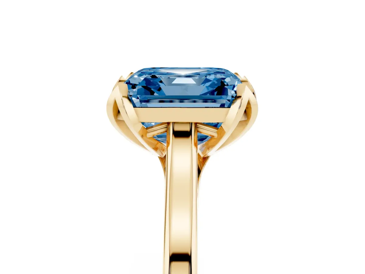 Fancy Blue Asscher Cut Diamond Solitaire Ring with Flower Prong Setting and Classic Band Yellow gold
