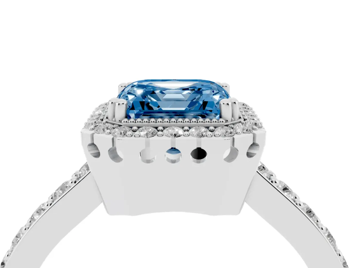 Fancy Blue Asscher Cut Cut Diamond Halo Engagement Ring with Milgrain Detail and Pavé Band White gold