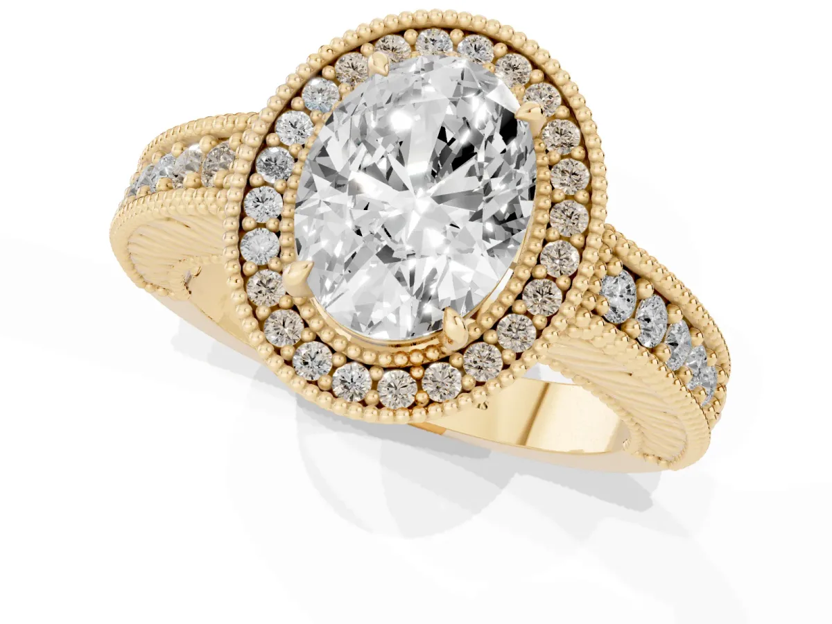 Oval Cut Cut Halo Diamond Ring with Pavé Band and Four-Prong Setting Yellow gold