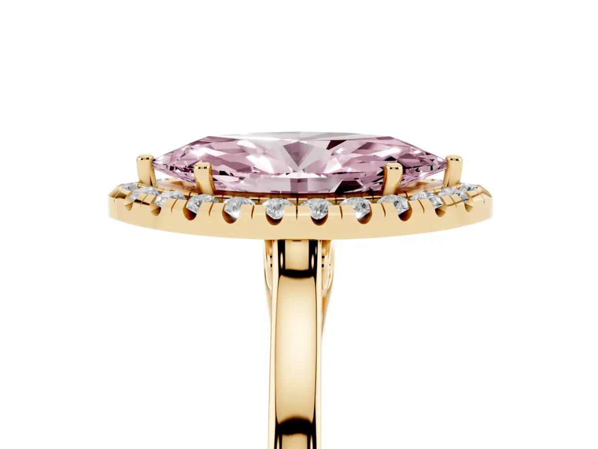 Fancy Pink Marquise Cut Halo Round Diamond Solitaire Ring with Pavé Band and Four-Prong Setting Yellow gold