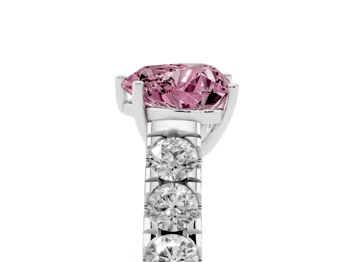 Fancy Pink Heart Cut Cut Diamond Solitaire Ring with Micro Pave Band and Prong Setting Silver