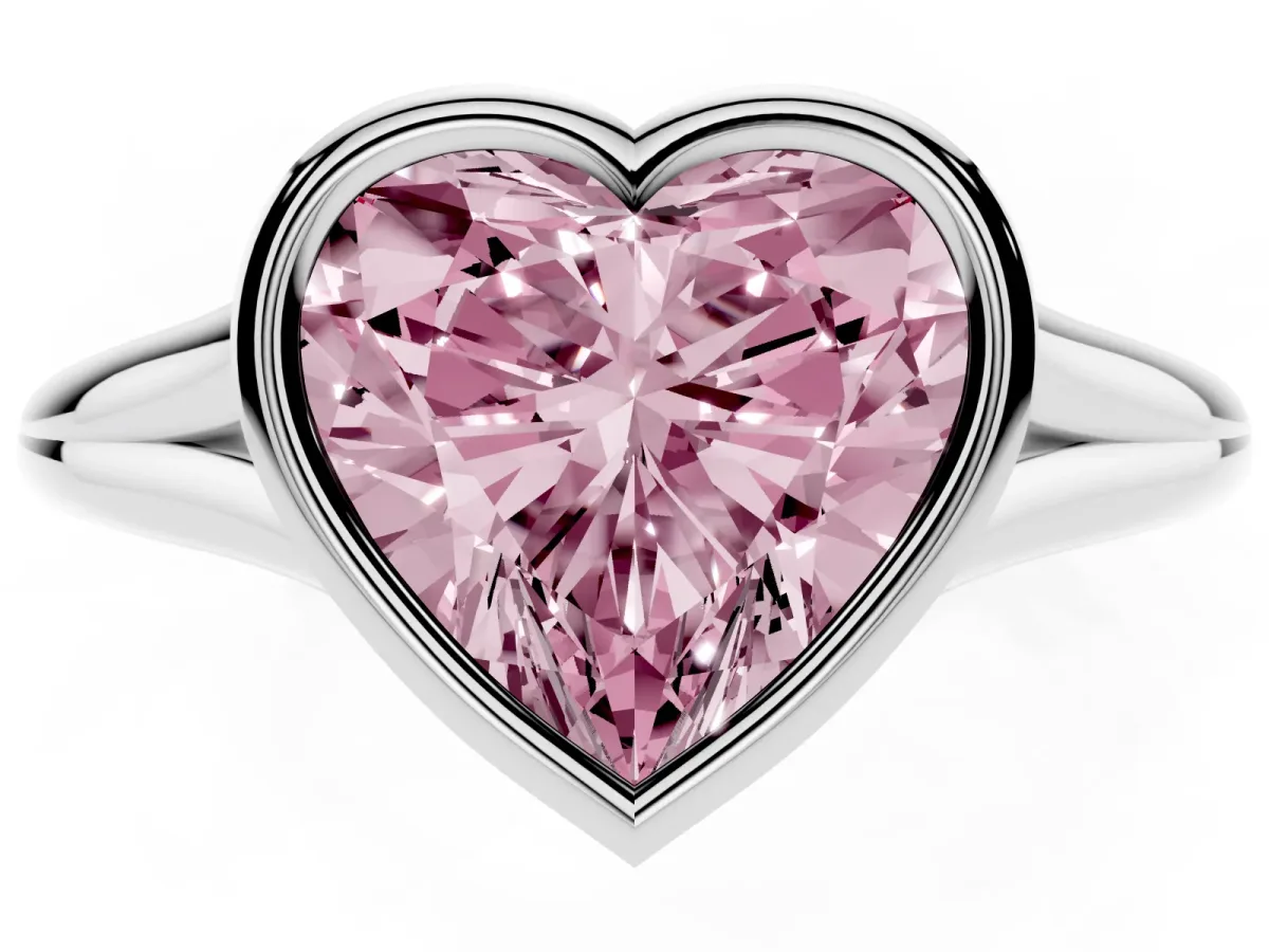 Fancy Pink Bezel Set Heart Cut Cut Solitaire Ring with Tapered Band Silver