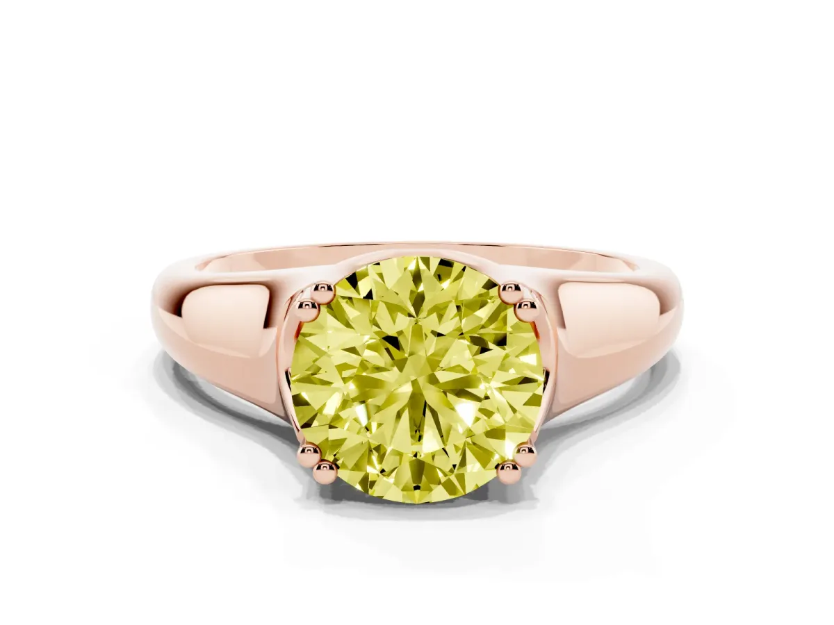 Fancy Yellow Round Cut Diamond Solitaire Ring with Wide Band and Prong Setting Rose gold