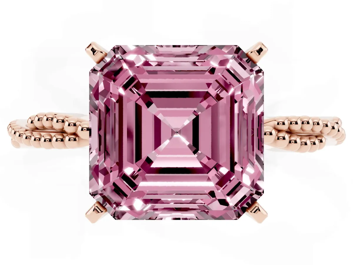 Fancy Pink Asscher Cut Solitaire Twisted Band with Bead Prong Setting Rose gold