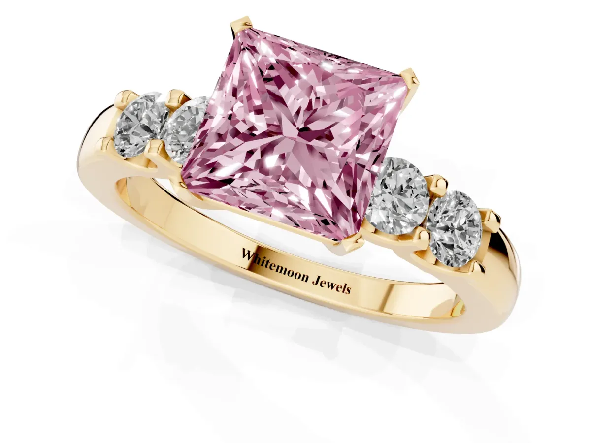 Fancy Pink Princess Cut Brilliant Cut Diamond Five-Stone Prong Set Engagement Ring with Channel Band Yellow gold