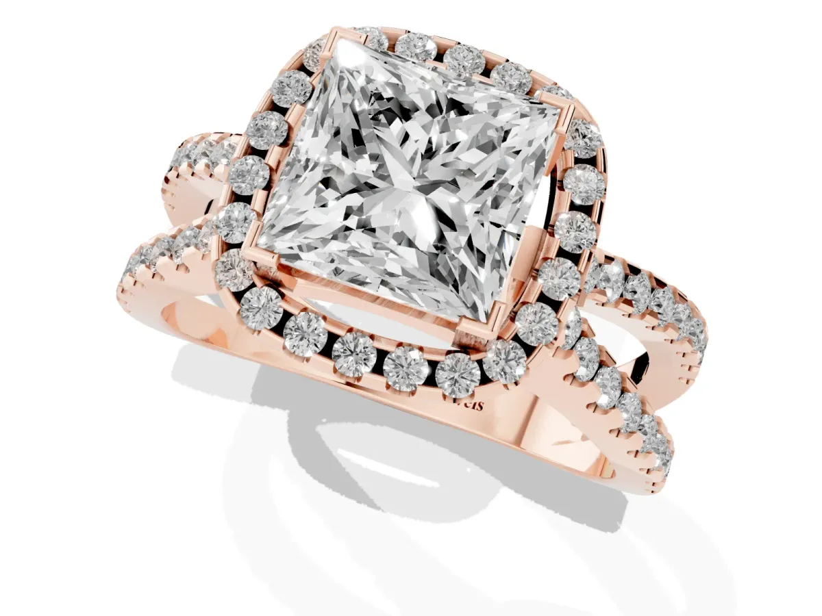 Princess Cut Diamond Halo Ring with Split Shank Pavé Band and Prong Setting Rose gold