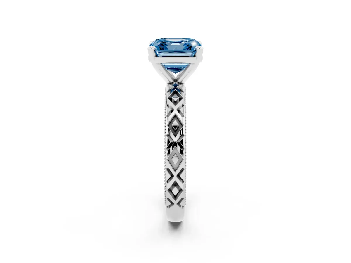 Fancy Blue Asscher Cut Solitaire Diamond Ring with Milgrain and Black Enamel X Pattern Band Silver
