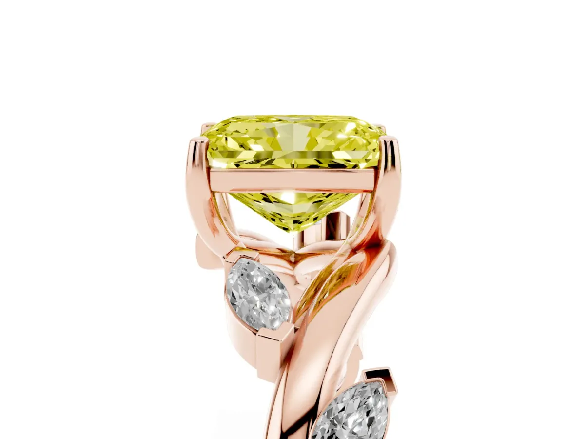 Fancy Yellow Radiant Cut Solitaire Twisted Band Marquise Accent Prong Setting Ring Rose gold