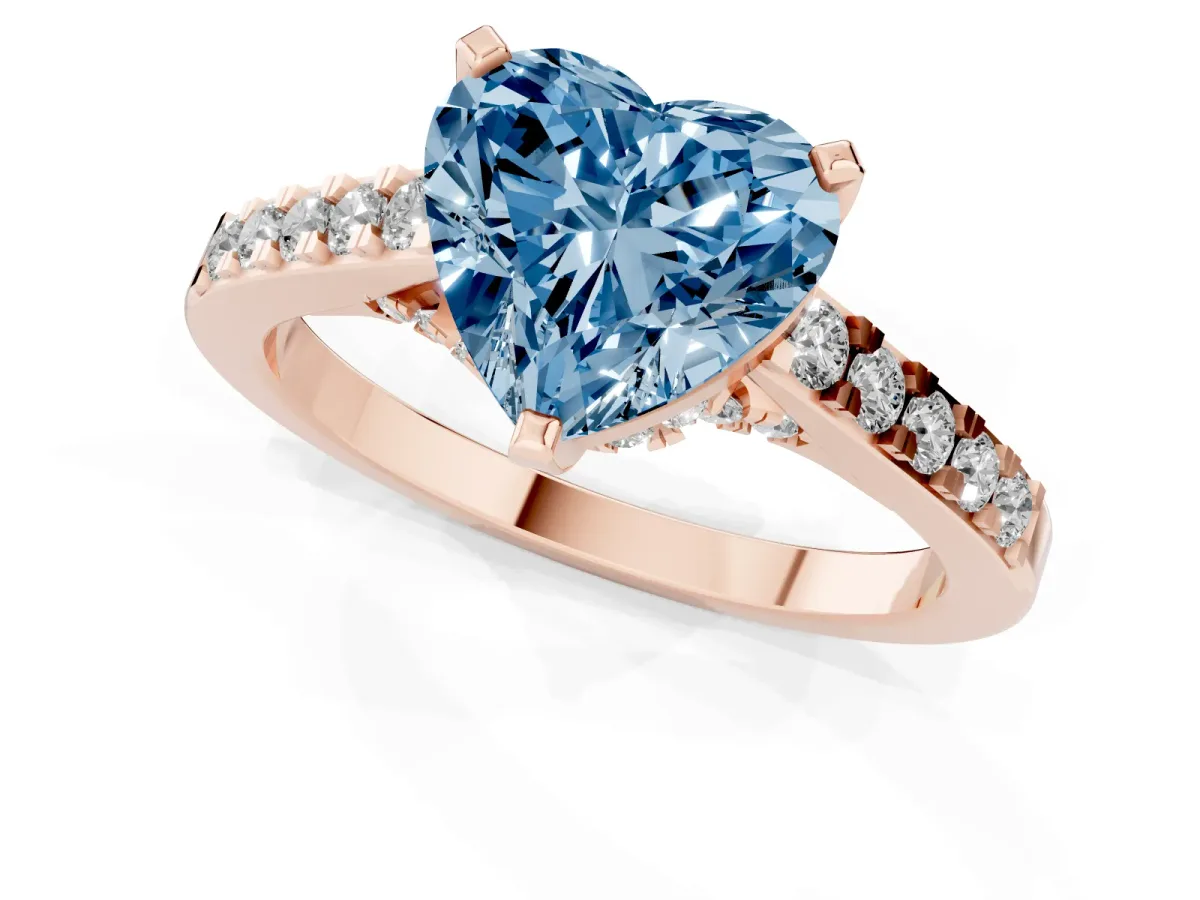 Fancy Blue Heart Cut Diamond Solitaire Ring with Crossover Gallery and Round Pavé Band Rose gold