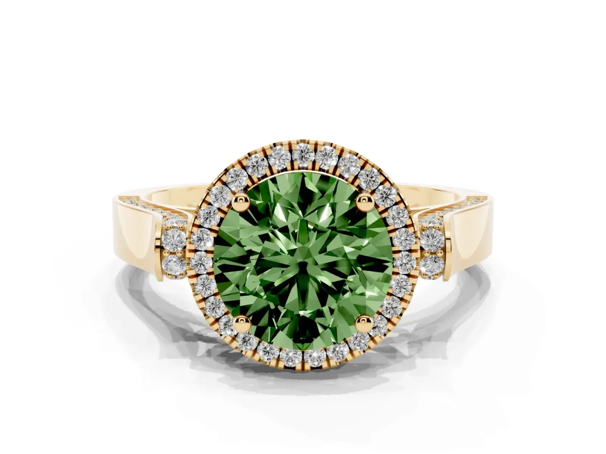 Fancy Green Round Cut Halo Round Diamond Twist Band with Four-Prong Setting Yellow gold