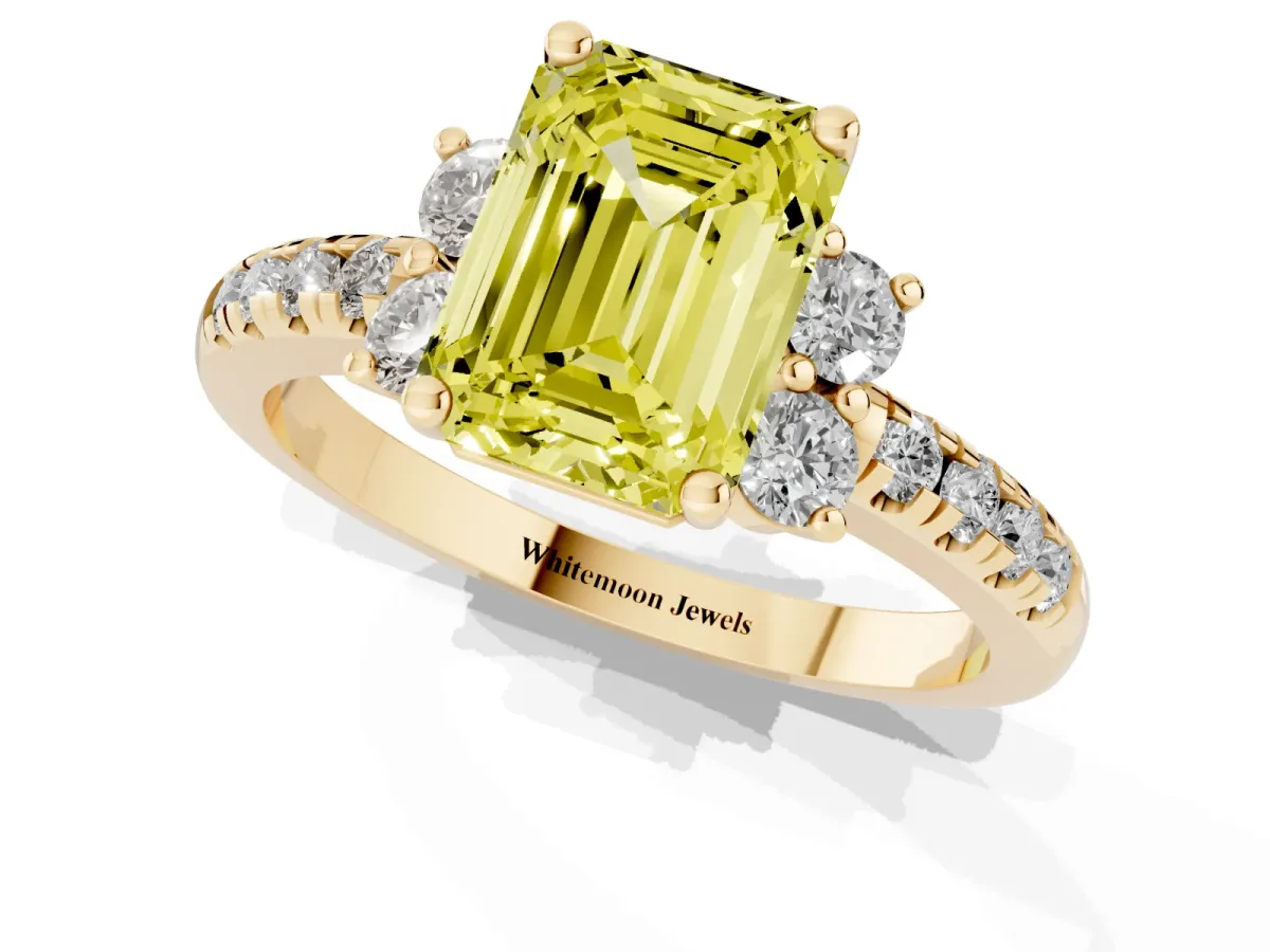 Fancy Yellow Emerald Cut Diamond Three-Stone Pave Band with Four-Prong Setting Yellow gold