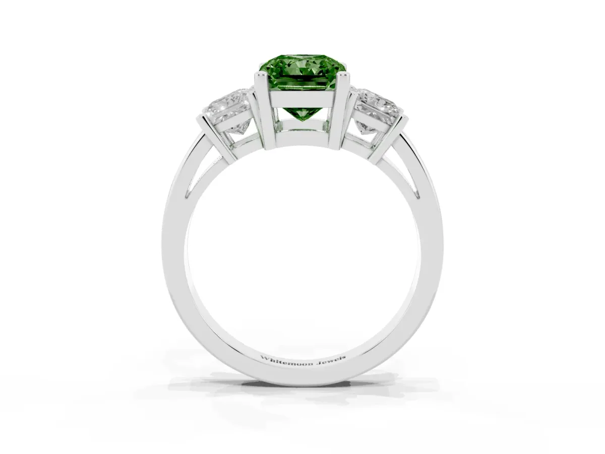Fancy Green Three-Stone Radiant Cut Cut Solitaire Ring with Prong Setting Silver