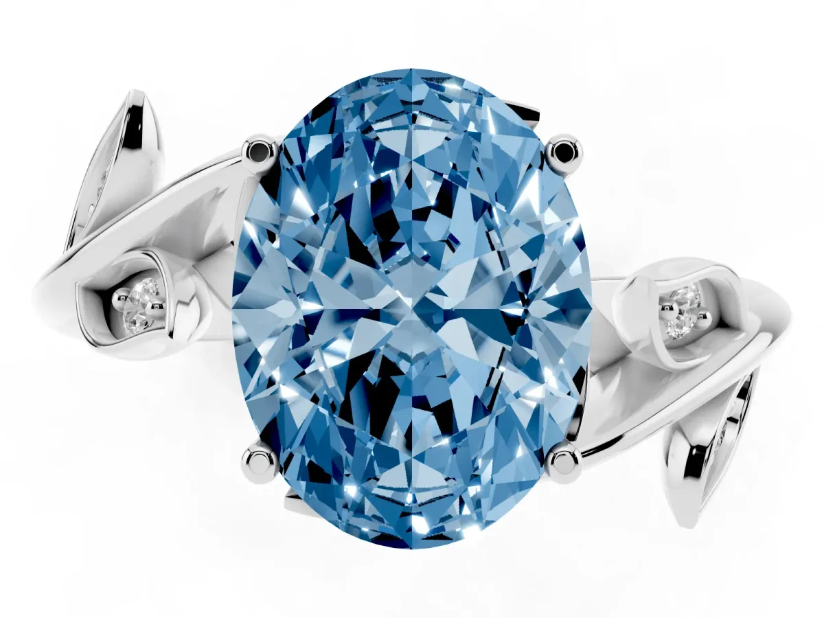 Fancy Blue Oval Cut Solitaire Twist Engagement Ring with Leaf Accents and Prong Setting Silver