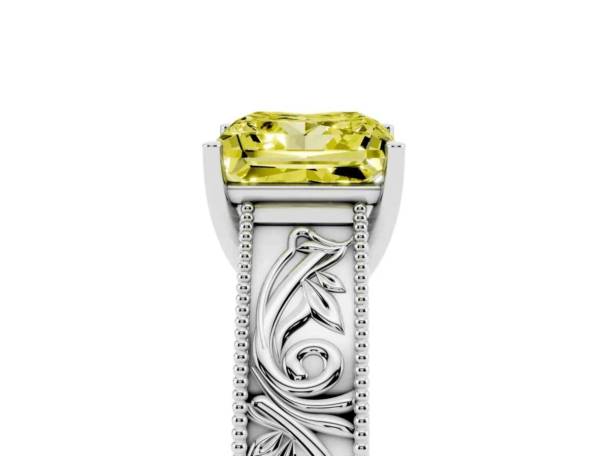 Fancy Yellow Princess Cut Diamond Solitaire Ring with Engraved Band and Four-Prong Setting Silver