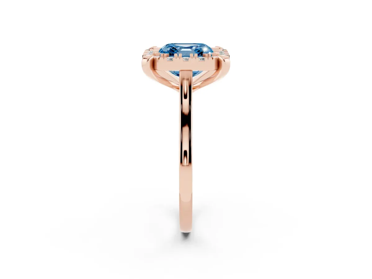 Fancy Blue Asscher Cut Diamond Cluster Halo Solitaire with Four-Prong Setting Rose gold