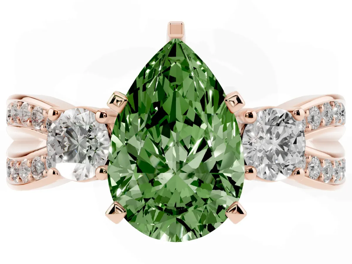 Fancy Green Three-Stone Pear Cut Cut Diamond Twist Band with Prong Setting Rose gold