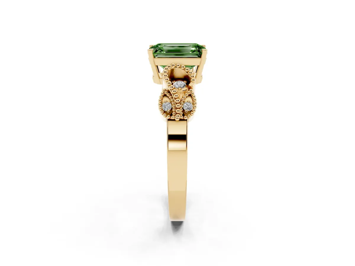 Fancy Green Emerald Cut Solitaire Milgrain Leaf Band with Prong Setting Yellow gold