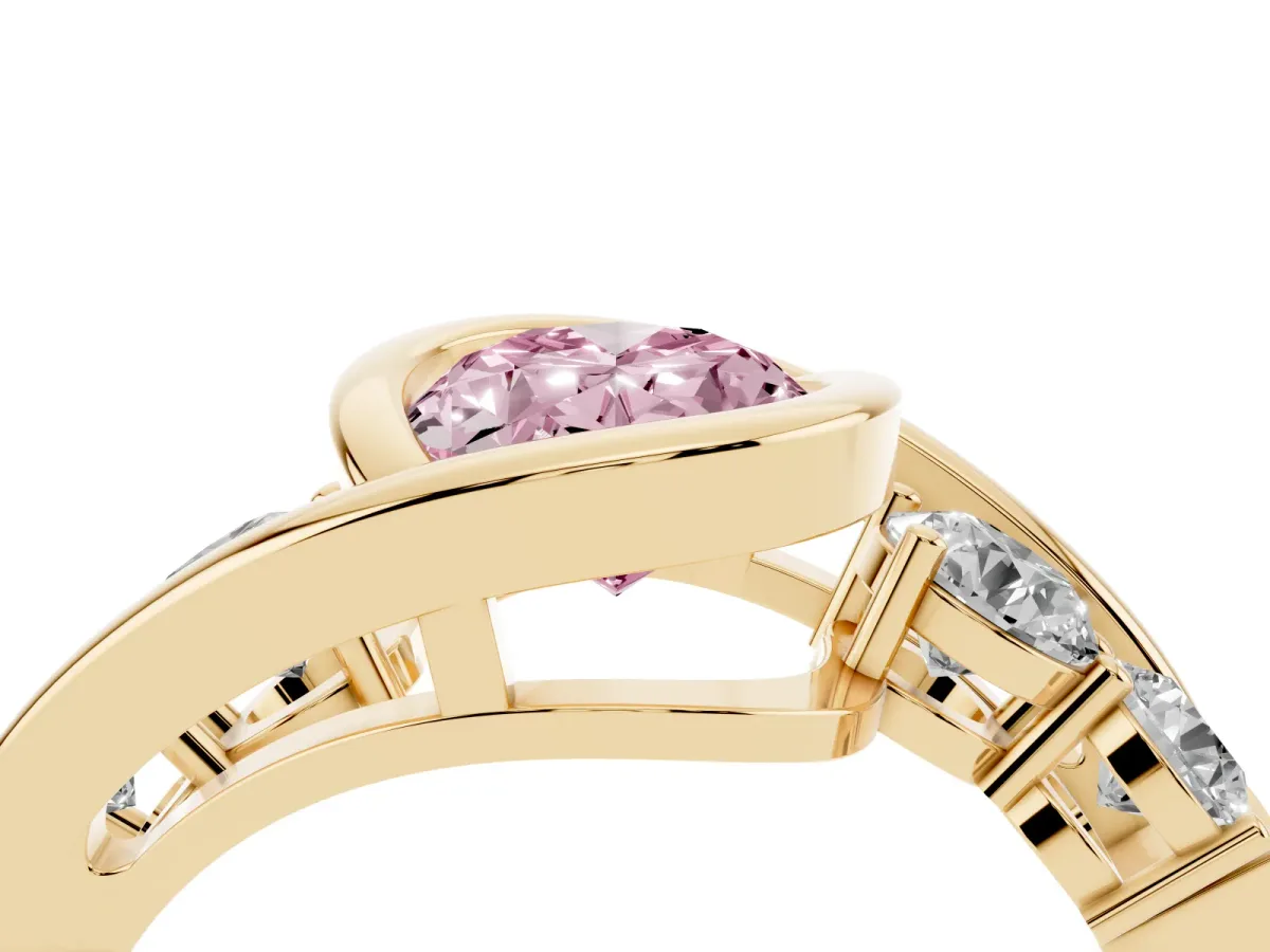 Fancy Pink Bezel Set Oval Cut Diamond Bypass Ring with Round Accents Yellow gold