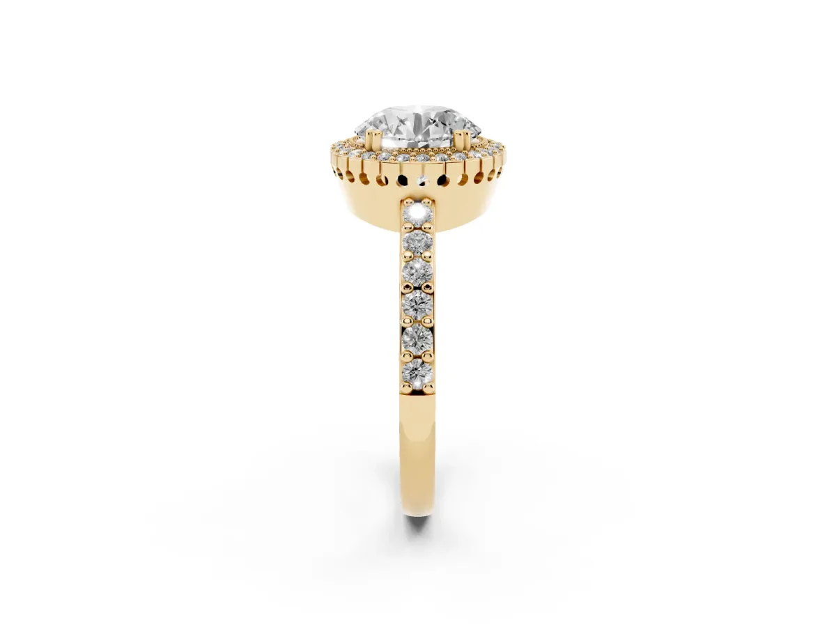 Round Cut Cut Diamond Halo Engagement Ring with Milgrain Detail and Pavé Band Yellow gold