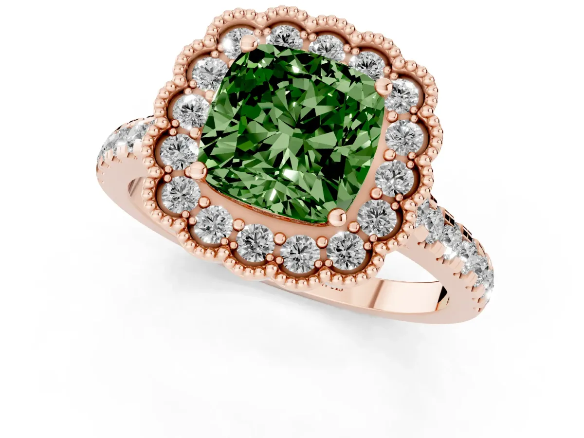 Fancy Green Cushion Cut Cut Diamond Milgrain Floral Halo Engagement Ring with Pavé Band Rose gold